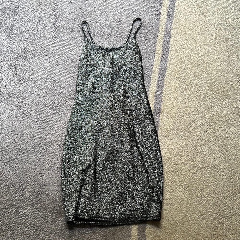 silver glitter dress with criss-cross tie back